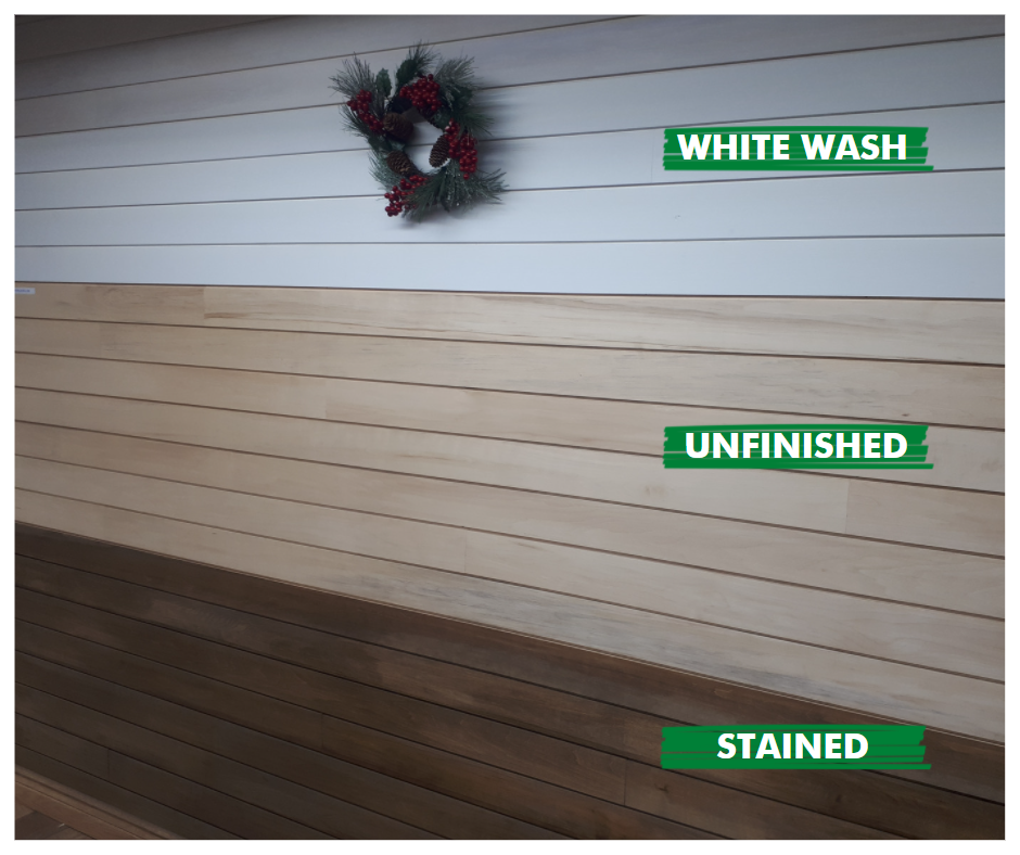 Wall showcasing three wood finishes: top section white washed with a wreath, middle section unfinished, and bottom section stained.